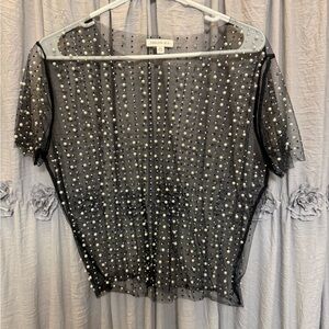 Endless Blu Black Sheer Pearl-Embellished Short Sleeve Top
